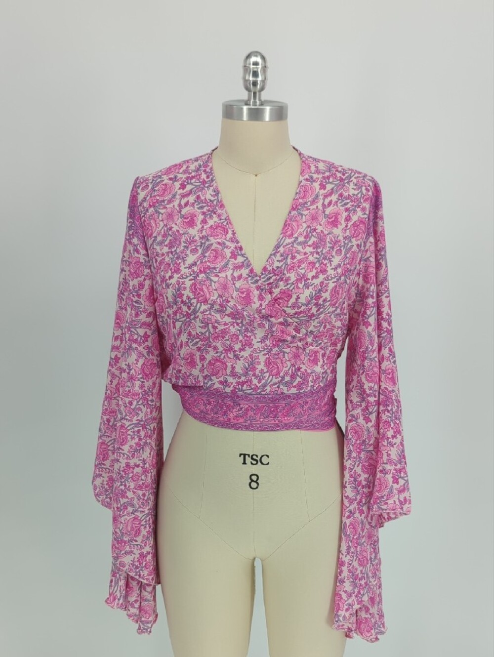 00535 Women's Floral Silk Wrap Top Pink size 51/M/L bohemian western spring